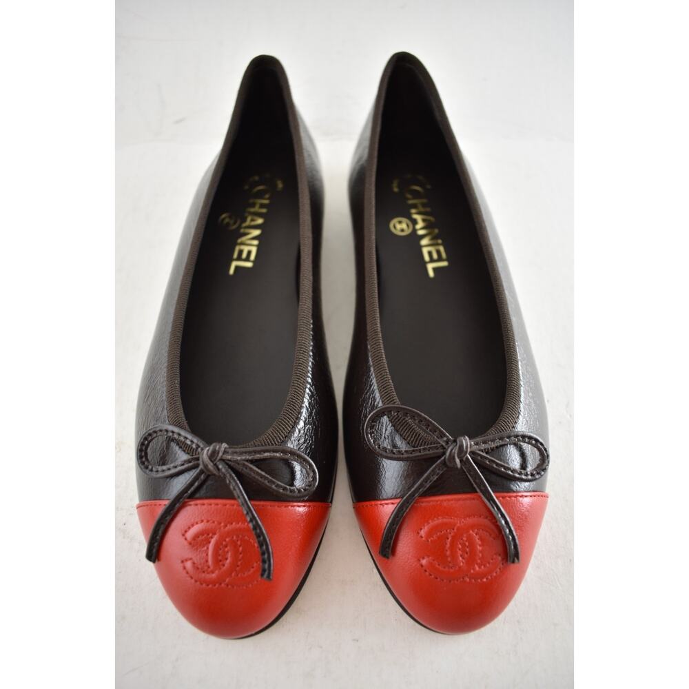 Chanel 26S Dark Brown Red Leather CC Logo Cap Classic Ballet Ballerina Flat 38.5 - Picture 8 of 16